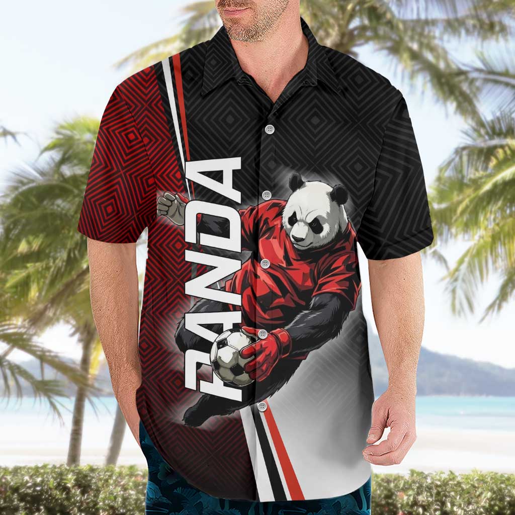 Personalized Panda Jujutsu Kaisen Soccer Theme Hawaiian Shirt with Goalkeeper Pose and Red Black Geometric Graphic Design - The Mazicc