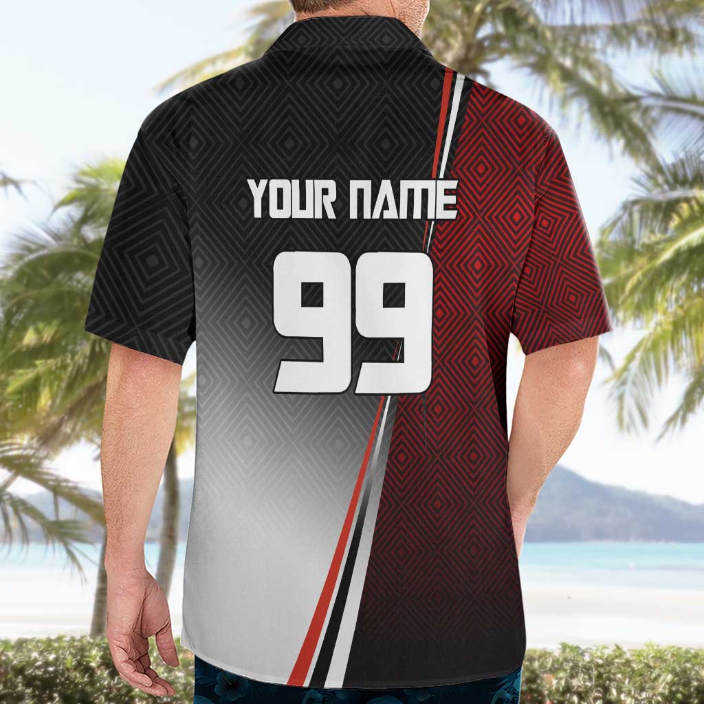 Personalized Panda Jujutsu Kaisen Soccer Theme Hawaiian Shirt with Goalkeeper Pose and Red Black Geometric Graphic Design - The Mazicc