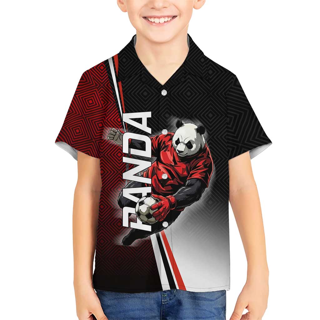 Personalized Panda Jujutsu Kaisen Soccer Theme Hawaiian Shirt with Goalkeeper Pose and Red Black Geometric Graphic Design - The Mazicc