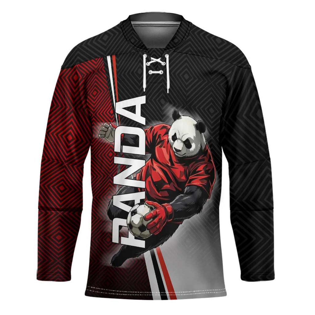 Personalized Panda Jujutsu Kaisen Soccer Theme Hockey Jersey with Goalkeeper Pose and Red Black Geometric Graphic Design - The Mazicc