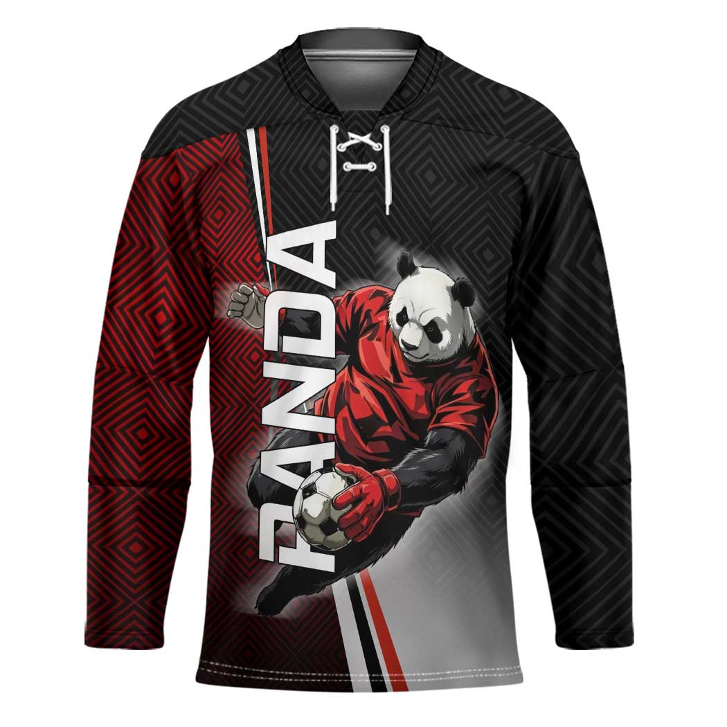Personalized Panda Jujutsu Kaisen Soccer Theme Hockey Jersey with Goalkeeper Pose and Red Black Geometric Graphic Design - The Mazicc