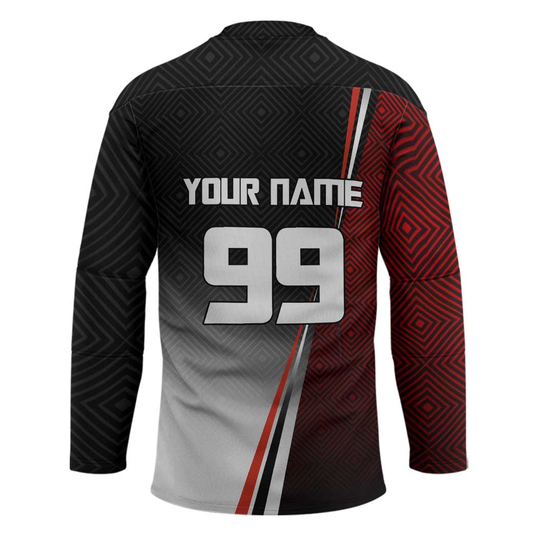 Personalized Panda Jujutsu Kaisen Soccer Theme Hockey Jersey with Goalkeeper Pose and Red Black Geometric Graphic Design - The Mazicc