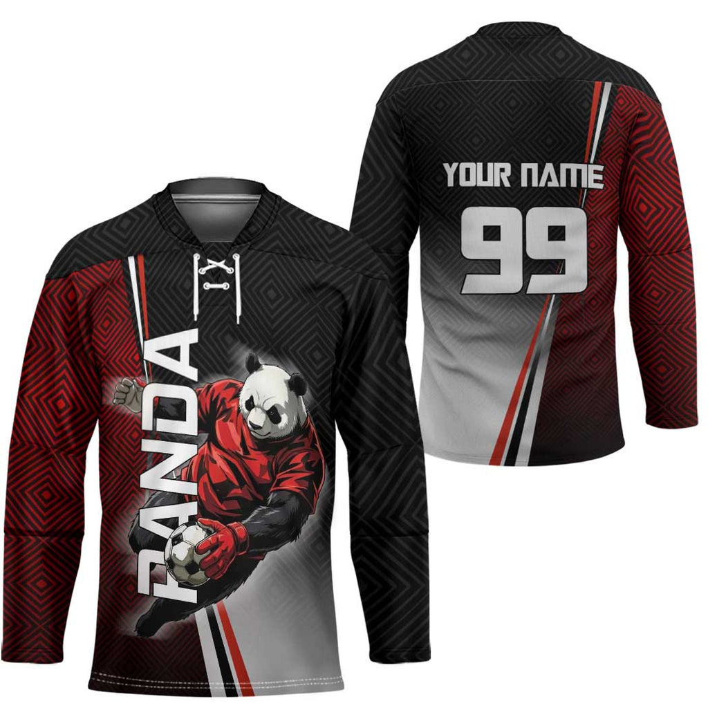 Personalized Panda Jujutsu Kaisen Soccer Theme Hockey Jersey with Goalkeeper Pose and Red Black Geometric Graphic Design - The Mazicc