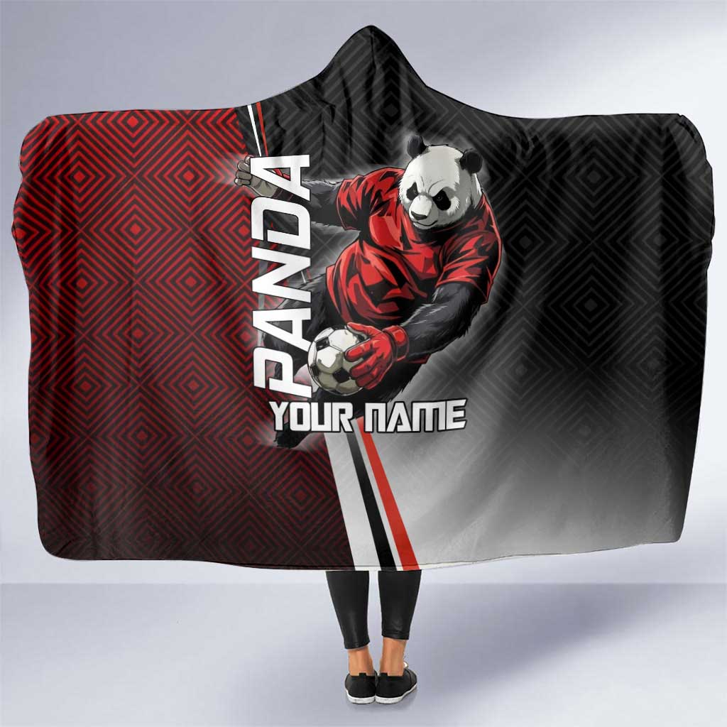 Personalized Panda Jujutsu Kaisen Soccer Theme Hooded Blanket with Goalkeeper Pose and Red Black Geometric Graphic Design - The Mazicc