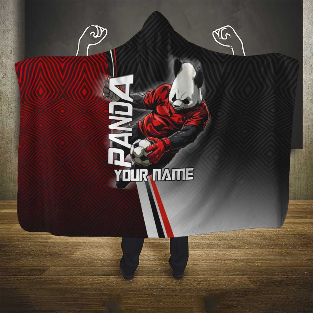 Personalized Panda Jujutsu Kaisen Soccer Theme Hooded Blanket with Goalkeeper Pose and Red Black Geometric Graphic Design - The Mazicc