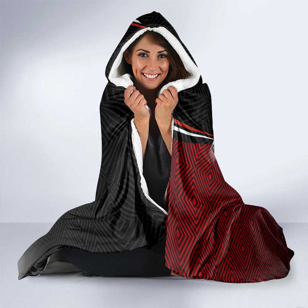 Personalized Panda Jujutsu Kaisen Soccer Theme Hooded Blanket with Goalkeeper Pose and Red Black Geometric Graphic Design - The Mazicc