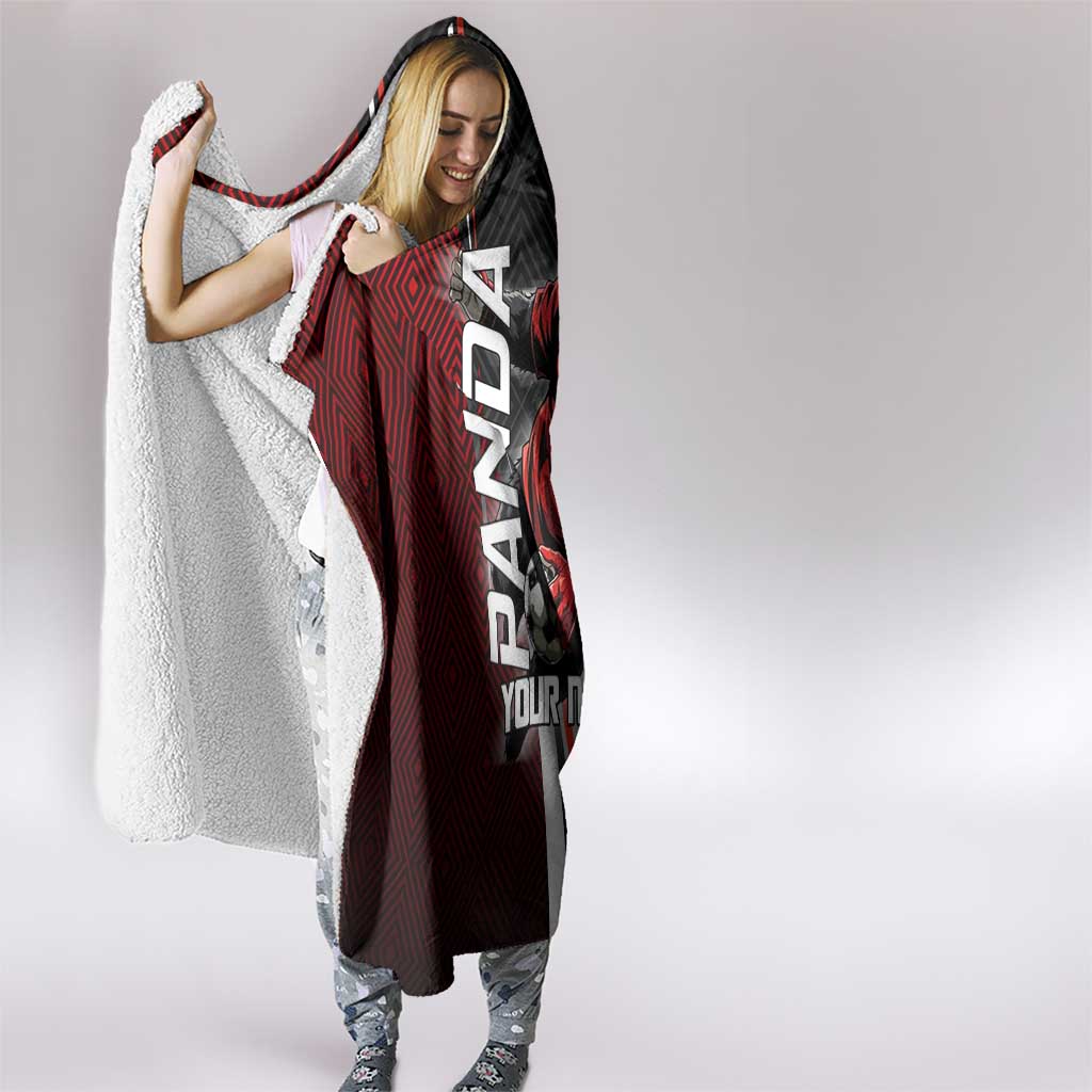 Personalized Panda Jujutsu Kaisen Soccer Theme Hooded Blanket with Goalkeeper Pose and Red Black Geometric Graphic Design - The Mazicc