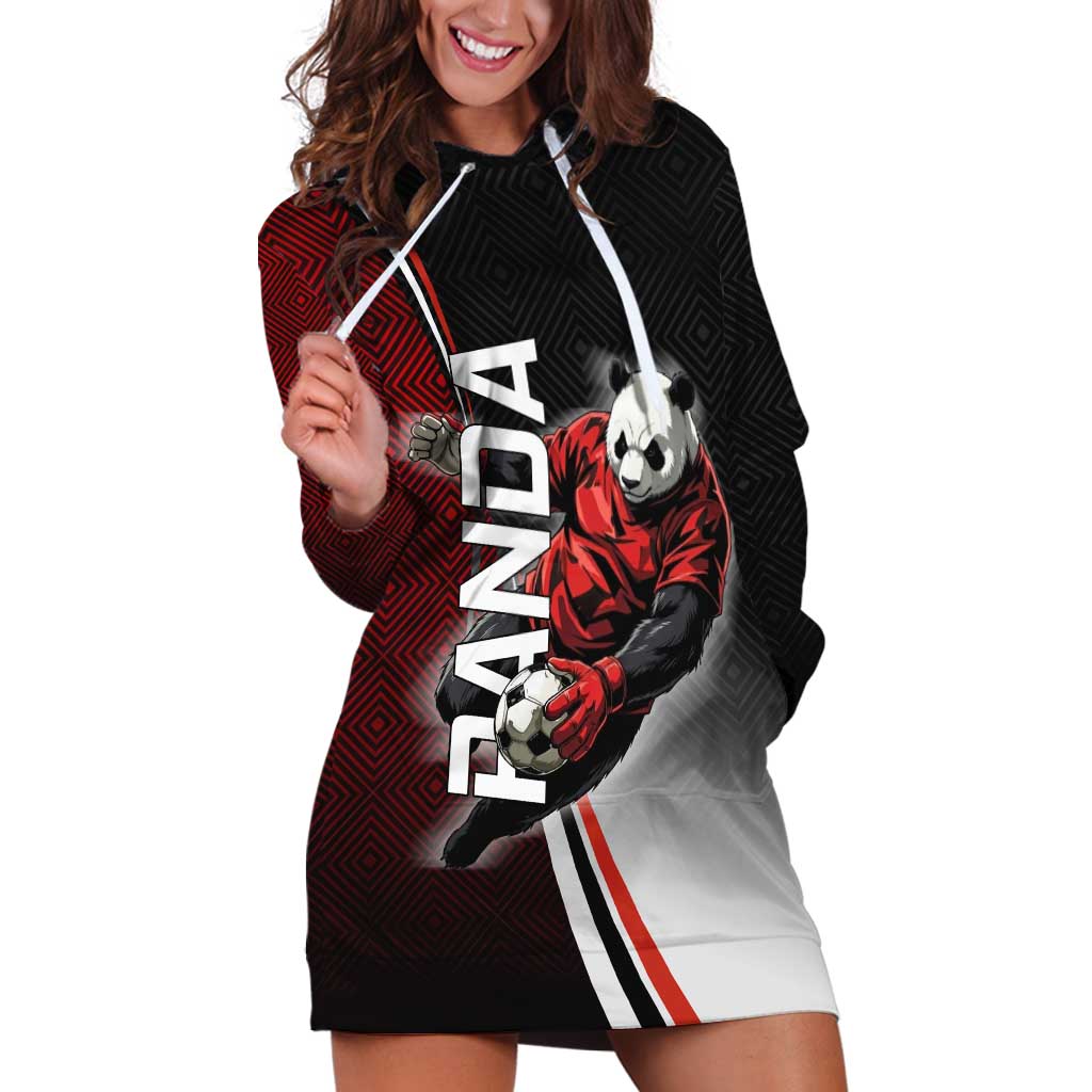 Personalized Panda Jujutsu Kaisen Soccer Theme Hoodie Dress with Goalkeeper Pose and Red Black Geometric Graphic Design - The Mazicc