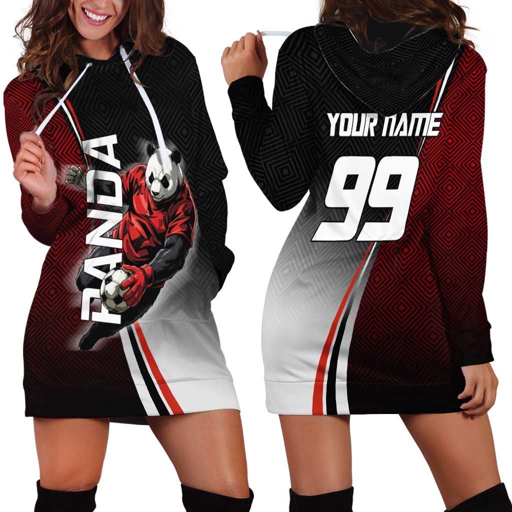 Personalized Panda Jujutsu Kaisen Soccer Theme Hoodie Dress with Goalkeeper Pose and Red Black Geometric Graphic Design - The Mazicc