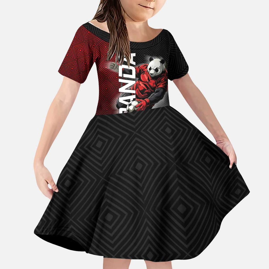 Personalized Panda Jujutsu Kaisen Soccer Theme Kid Short Sleeve Dress with Goalkeeper Pose and Red Black Geometric Graphic Design - The Mazicc