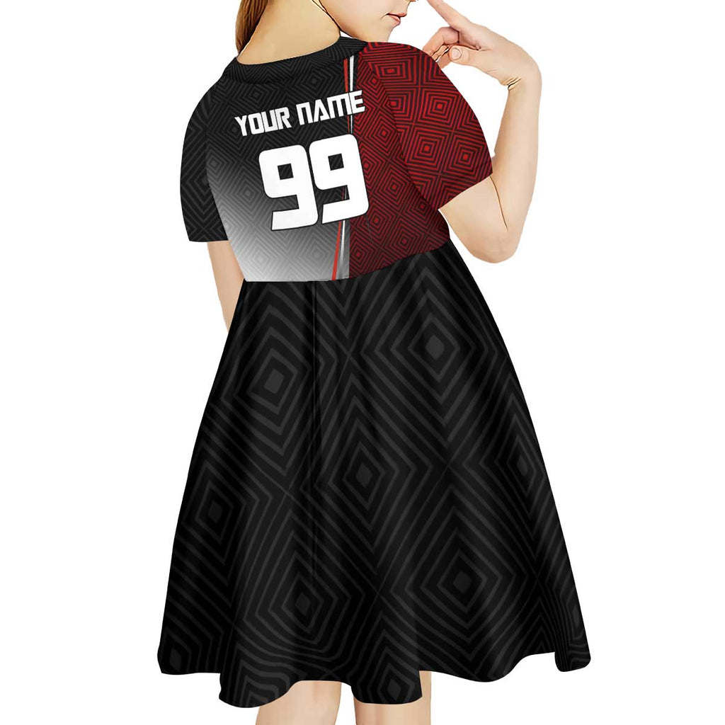 Personalized Panda Jujutsu Kaisen Soccer Theme Kid Short Sleeve Dress with Goalkeeper Pose and Red Black Geometric Graphic Design - The Mazicc
