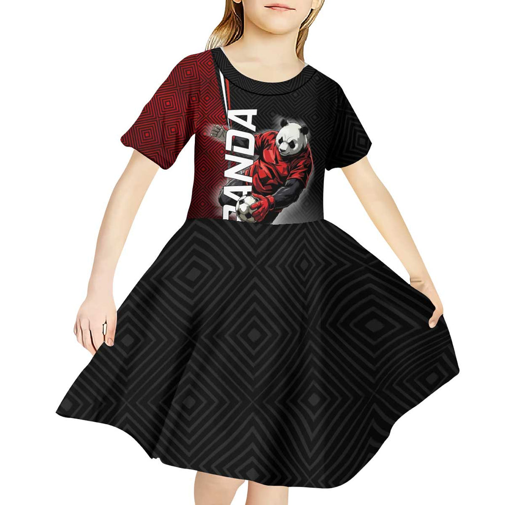 Personalized Panda Jujutsu Kaisen Soccer Theme Kid Short Sleeve Dress with Goalkeeper Pose and Red Black Geometric Graphic Design - The Mazicc