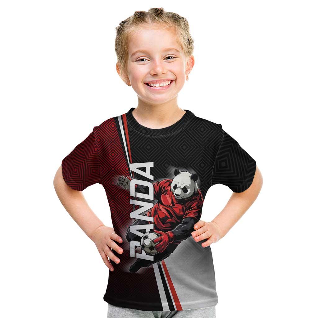 Personalized Panda Jujutsu Kaisen Soccer Theme Kid T Shirt with Goalkeeper Pose and Red Black Geometric Graphic Design - The Mazicc