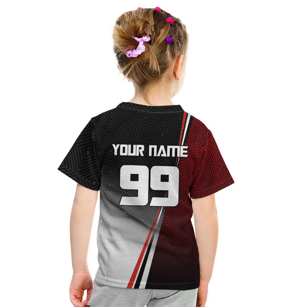 Personalized Panda Jujutsu Kaisen Soccer Theme Kid T Shirt with Goalkeeper Pose and Red Black Geometric Graphic Design - The Mazicc