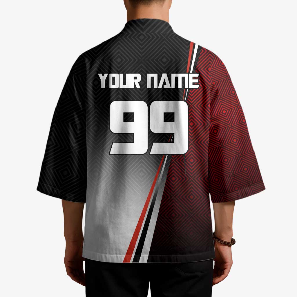Personalized Panda Jujutsu Kaisen Soccer Theme Kimono with Goalkeeper Pose and Red Black Geometric Graphic Design - The Mazicc