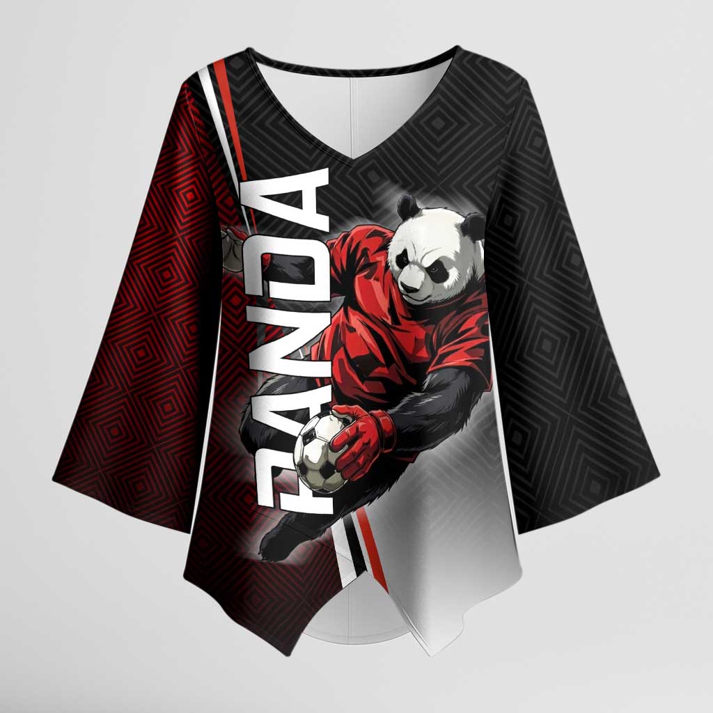 Personalized Panda Jujutsu Kaisen Soccer Theme Kimono Sleeve Blouse with Goalkeeper Pose and Red Black Geometric Graphic Design - The Mazicc