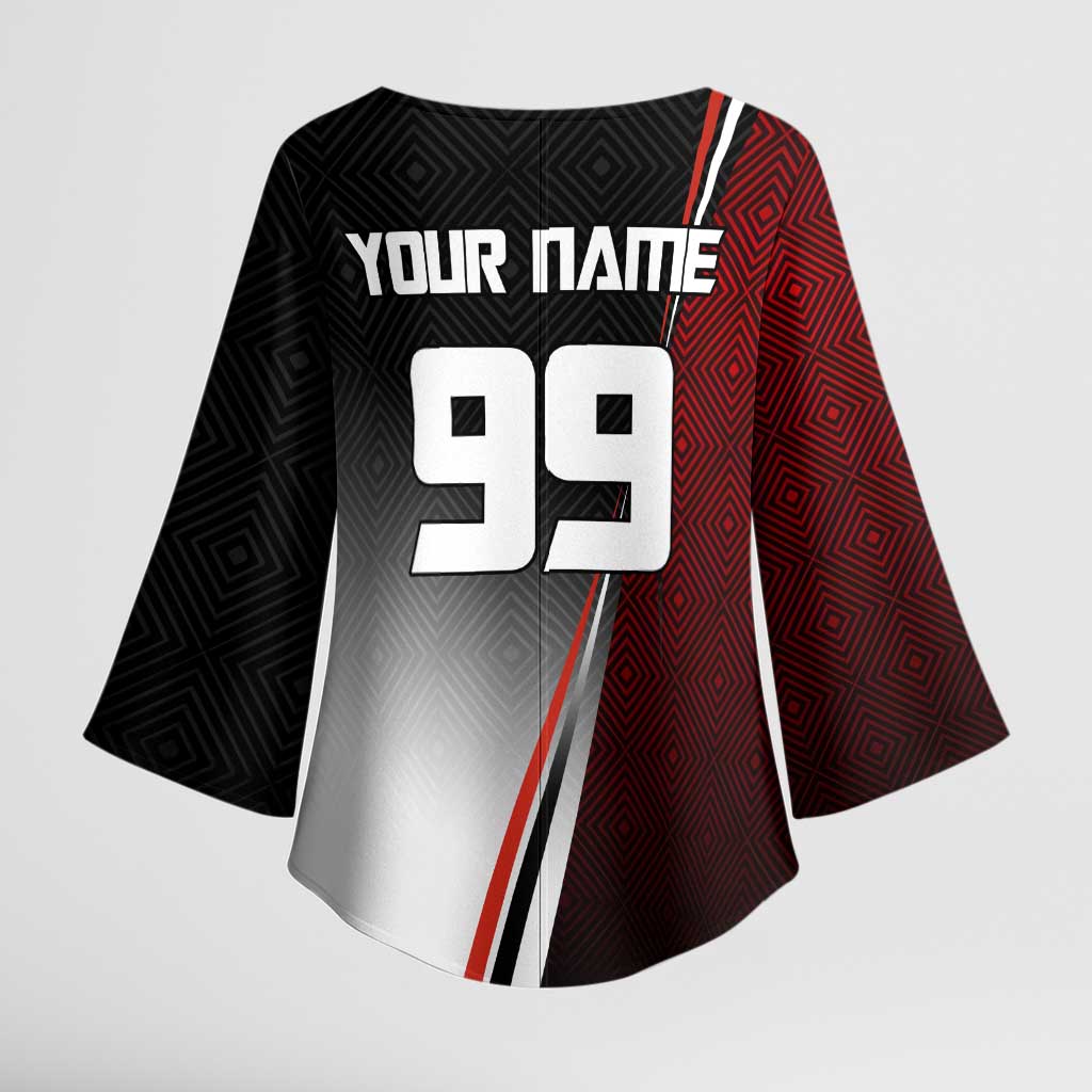 Personalized Panda Jujutsu Kaisen Soccer Theme Kimono Sleeve Blouse with Goalkeeper Pose and Red Black Geometric Graphic Design - The Mazicc