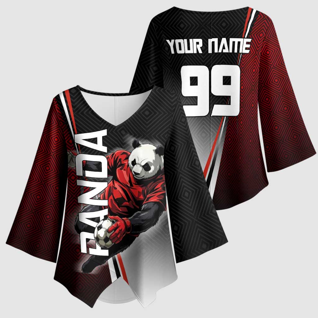 Personalized Panda Jujutsu Kaisen Soccer Theme Kimono Sleeve Blouse with Goalkeeper Pose and Red Black Geometric Graphic Design - The Mazicc