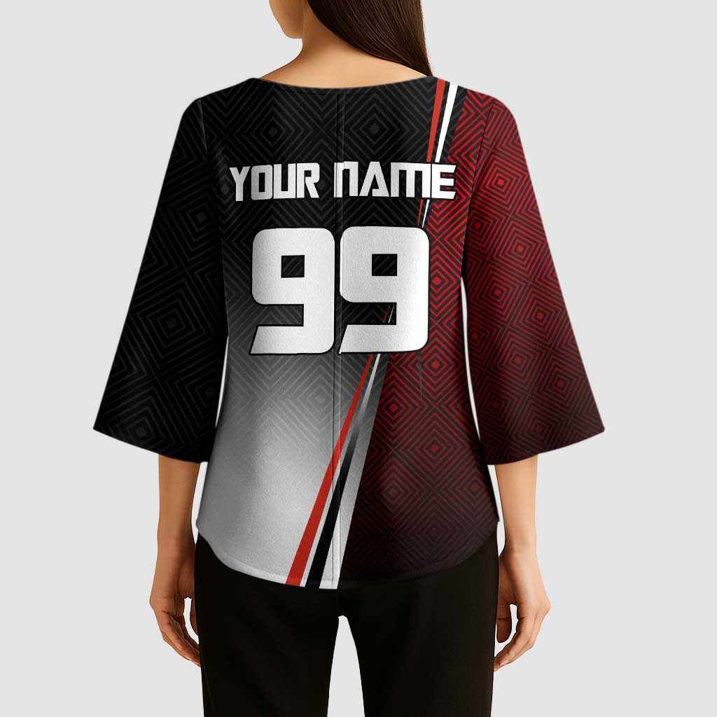 Personalized Panda Jujutsu Kaisen Soccer Theme Kimono Sleeve Blouse with Goalkeeper Pose and Red Black Geometric Graphic Design - The Mazicc