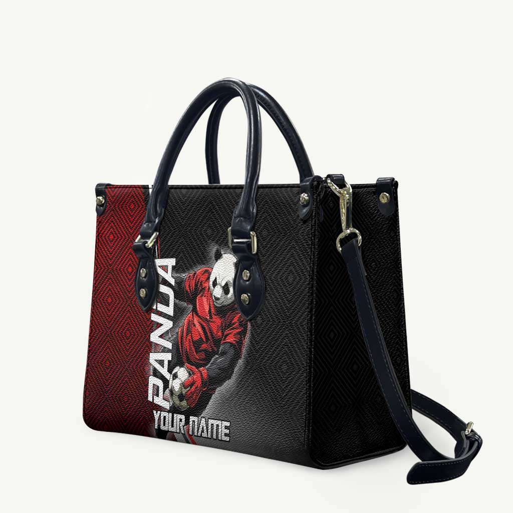 Personalized Panda Jujutsu Kaisen Soccer Theme Leather Bag with Goalkeeper Pose and Red Black Geometric Graphic Design - The Mazicc