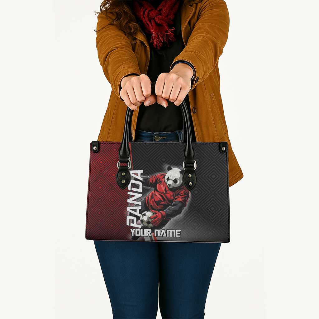Personalized Panda Jujutsu Kaisen Soccer Theme Leather Bag with Goalkeeper Pose and Red Black Geometric Graphic Design - The Mazicc