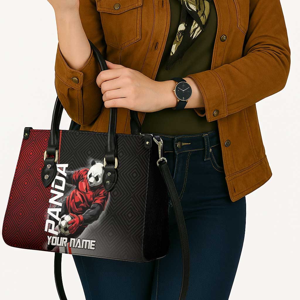 Personalized Panda Jujutsu Kaisen Soccer Theme Leather Bag with Goalkeeper Pose and Red Black Geometric Graphic Design - The Mazicc
