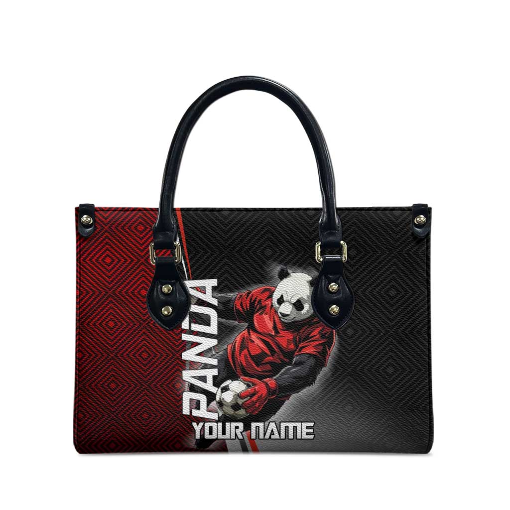Personalized Panda Jujutsu Kaisen Soccer Theme Leather Bag with Goalkeeper Pose and Red Black Geometric Graphic Design - The Mazicc