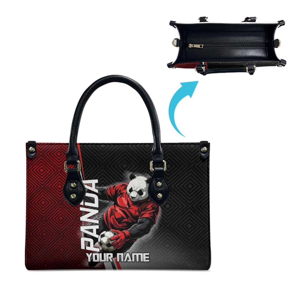 Personalized Panda Jujutsu Kaisen Soccer Theme Leather Bag with Goalkeeper Pose and Red Black Geometric Graphic Design - The Mazicc