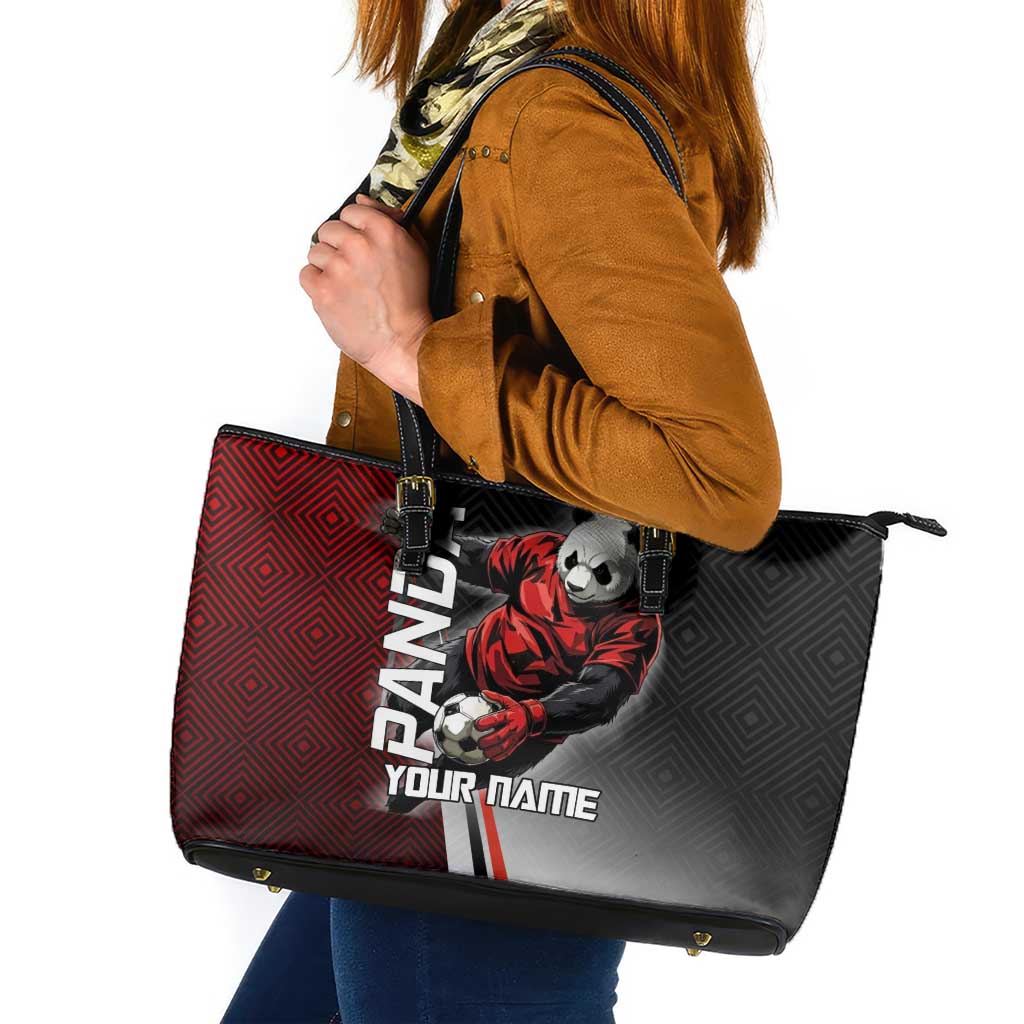 Personalized Panda Jujutsu Kaisen Soccer Theme Leather Tote Bag with Goalkeeper Pose and Red Black Geometric Graphic Design - The Mazicc