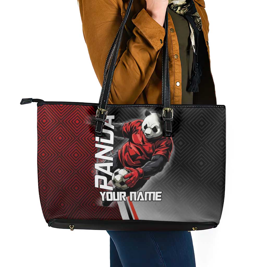 Personalized Panda Jujutsu Kaisen Soccer Theme Leather Tote Bag with Goalkeeper Pose and Red Black Geometric Graphic Design - The Mazicc