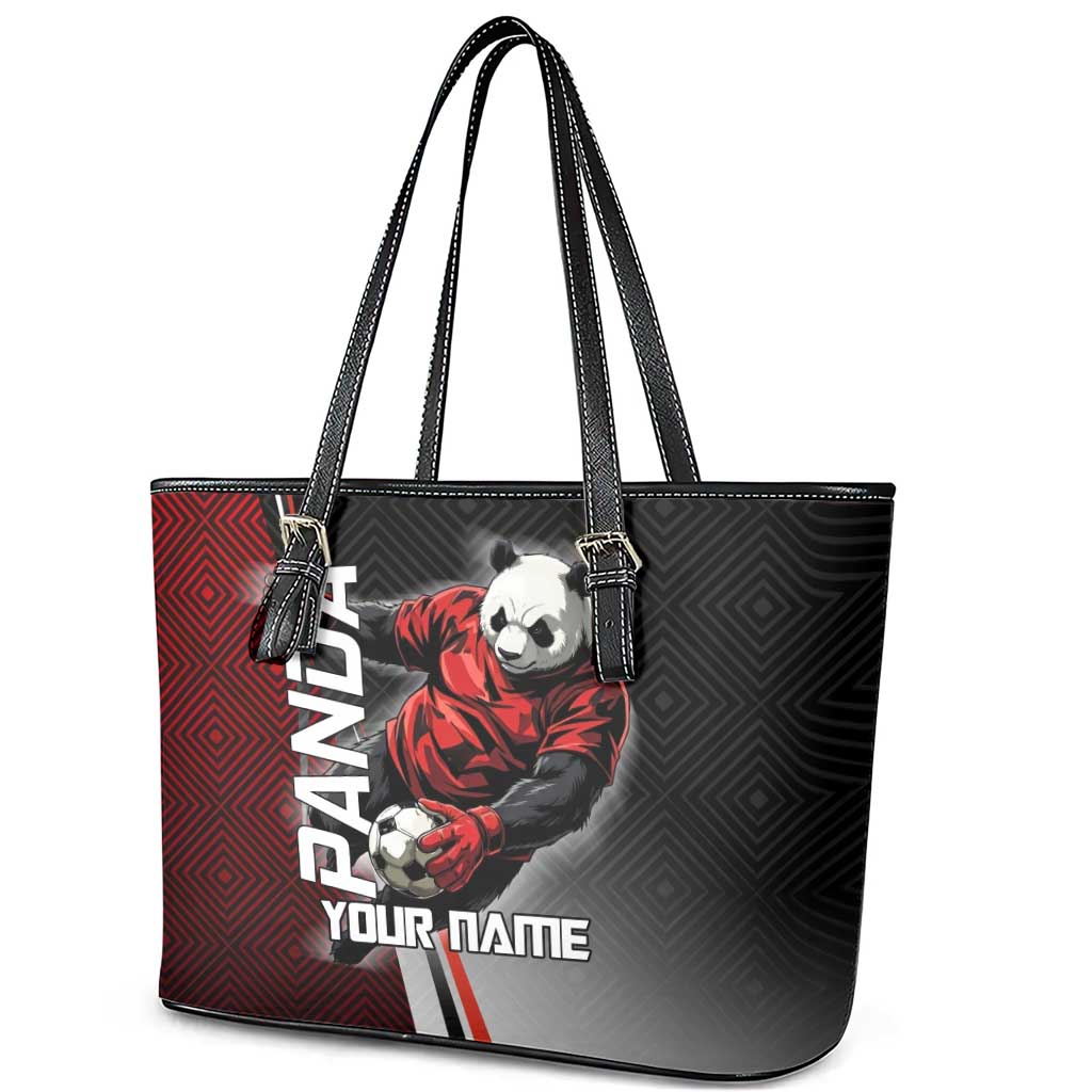 Personalized Panda Jujutsu Kaisen Soccer Theme Leather Tote Bag with Goalkeeper Pose and Red Black Geometric Graphic Design - The Mazicc