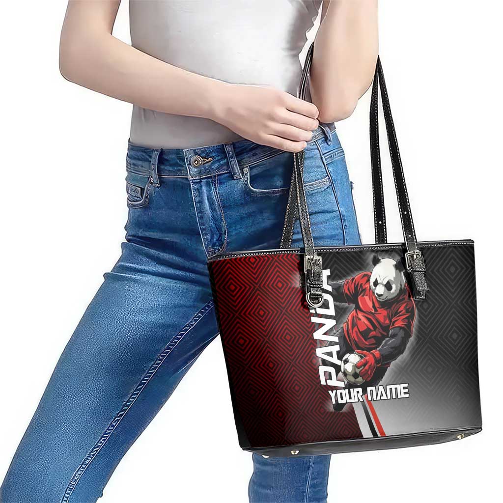 Personalized Panda Jujutsu Kaisen Soccer Theme Leather Tote Bag with Goalkeeper Pose and Red Black Geometric Graphic Design - The Mazicc