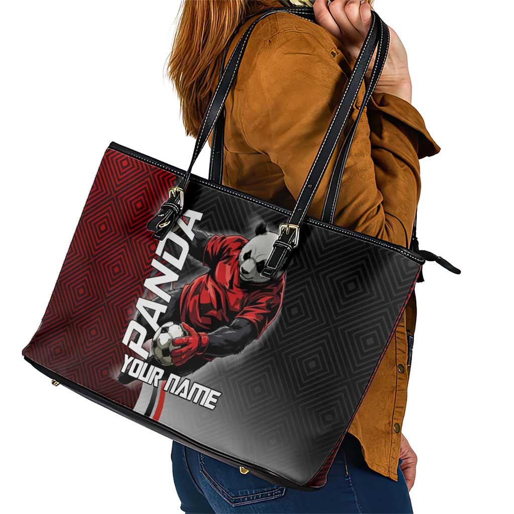 Personalized Panda Jujutsu Kaisen Soccer Theme Leather Tote Bag with Goalkeeper Pose and Red Black Geometric Graphic Design - The Mazicc