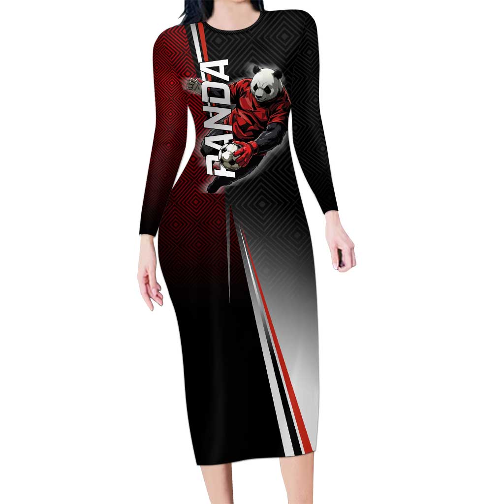 Personalized Panda Jujutsu Kaisen Soccer Theme Long Sleeve Bodycon Dress with Goalkeeper Pose and Red Black Geometric Graphic Design - The Mazicc