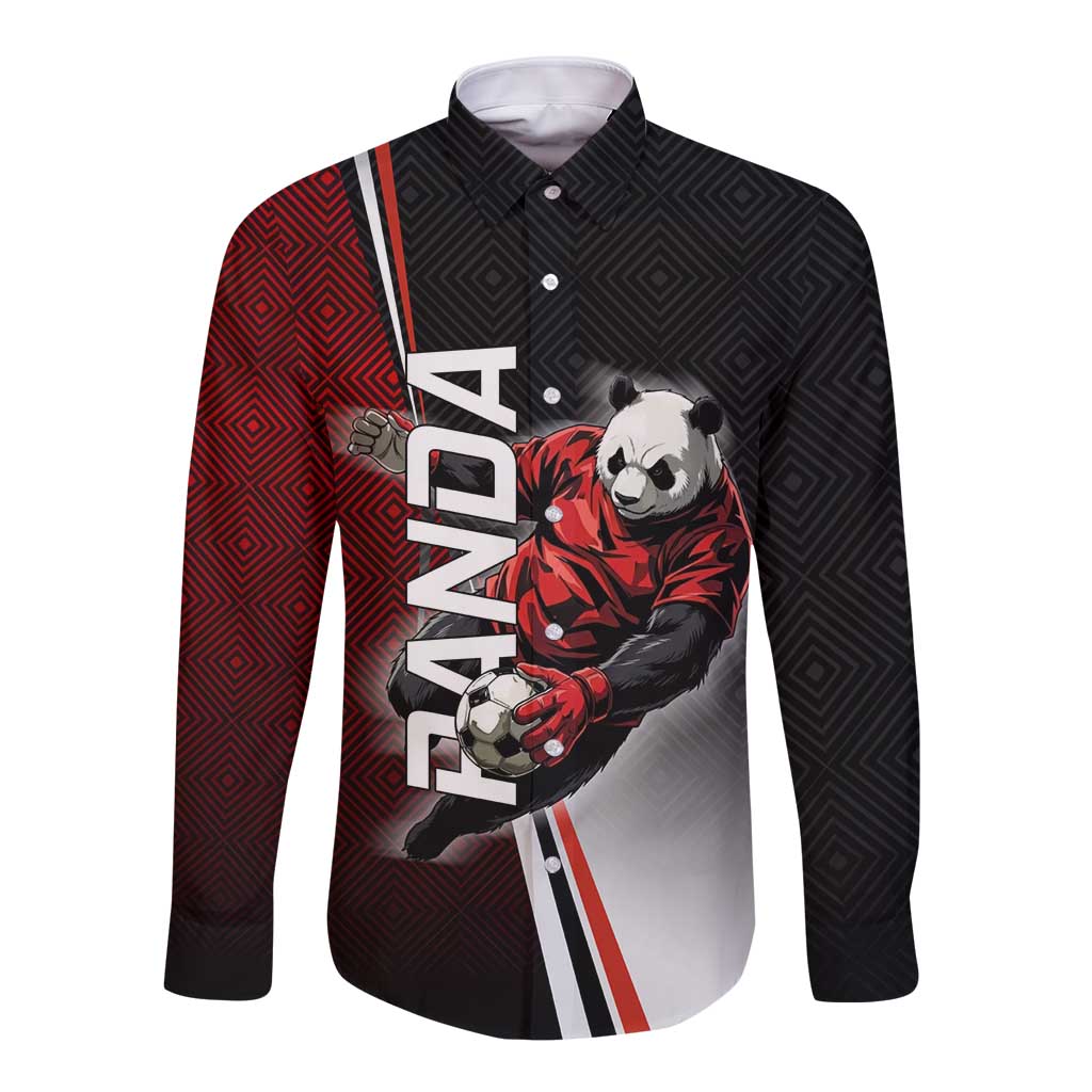 Personalized Panda Jujutsu Kaisen Soccer Theme Long Sleeve Button Shirt with Goalkeeper Pose and Red Black Geometric Graphic Design - The Mazicc