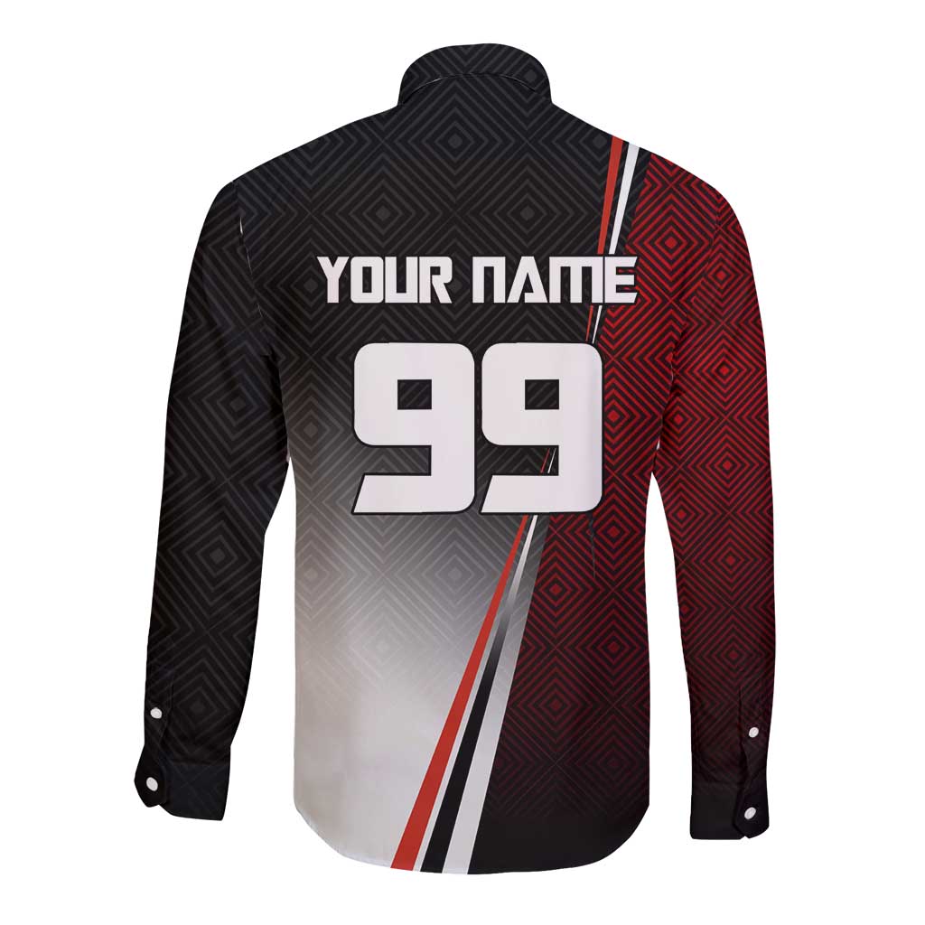 Personalized Panda Jujutsu Kaisen Soccer Theme Long Sleeve Button Shirt with Goalkeeper Pose and Red Black Geometric Graphic Design - The Mazicc