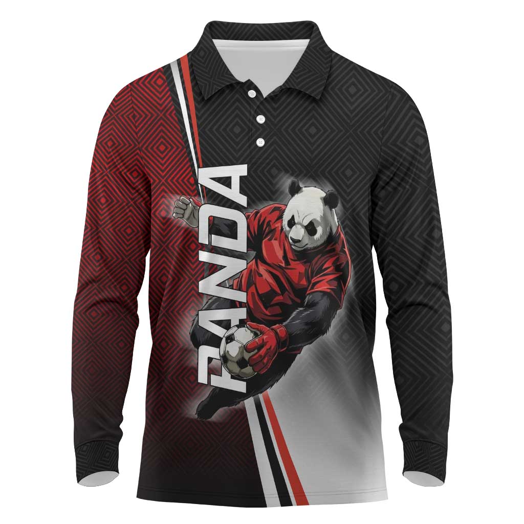 Personalized Panda Jujutsu Kaisen Soccer Theme Long Sleeve Polo Shirt with Goalkeeper Pose and Red Black Geometric Graphic Design - The Mazicc