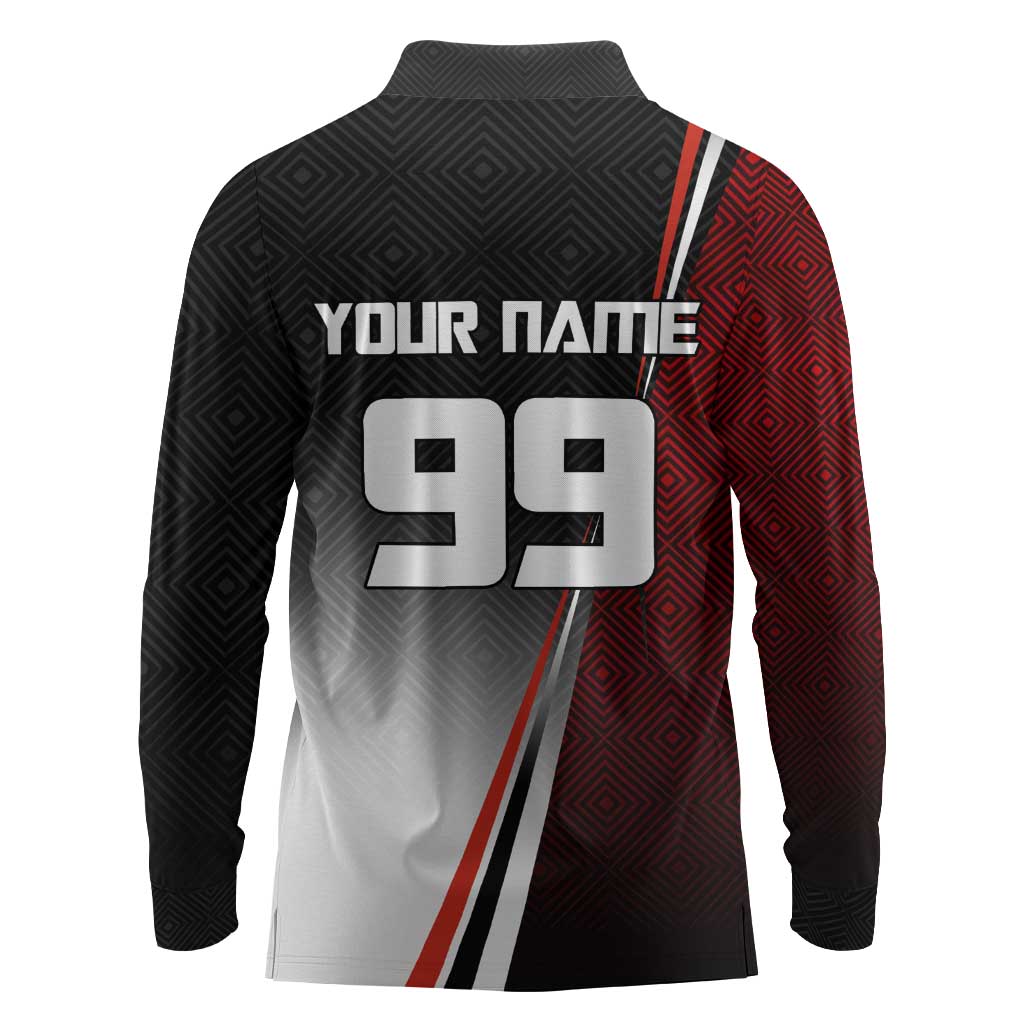Personalized Panda Jujutsu Kaisen Soccer Theme Long Sleeve Polo Shirt with Goalkeeper Pose and Red Black Geometric Graphic Design - The Mazicc