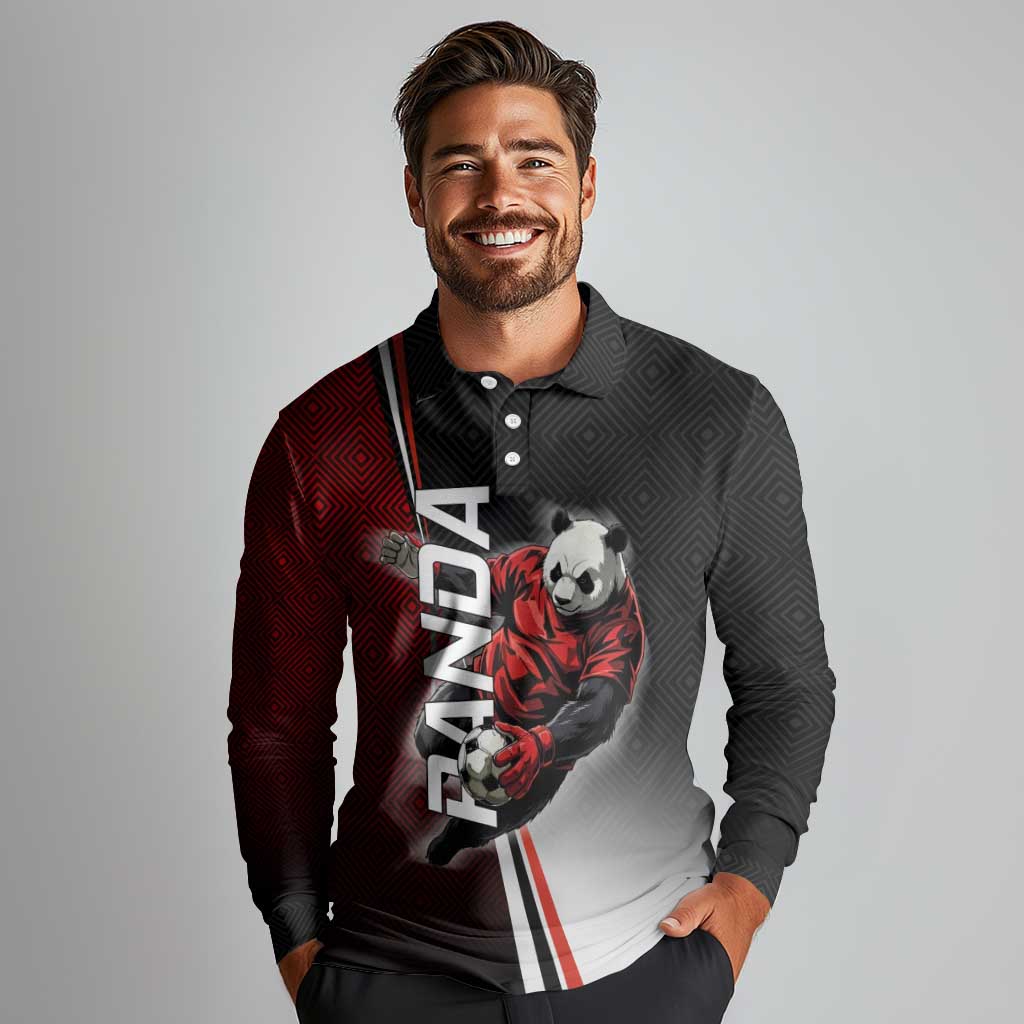 Personalized Panda Jujutsu Kaisen Soccer Theme Long Sleeve Polo Shirt with Goalkeeper Pose and Red Black Geometric Graphic Design - The Mazicc