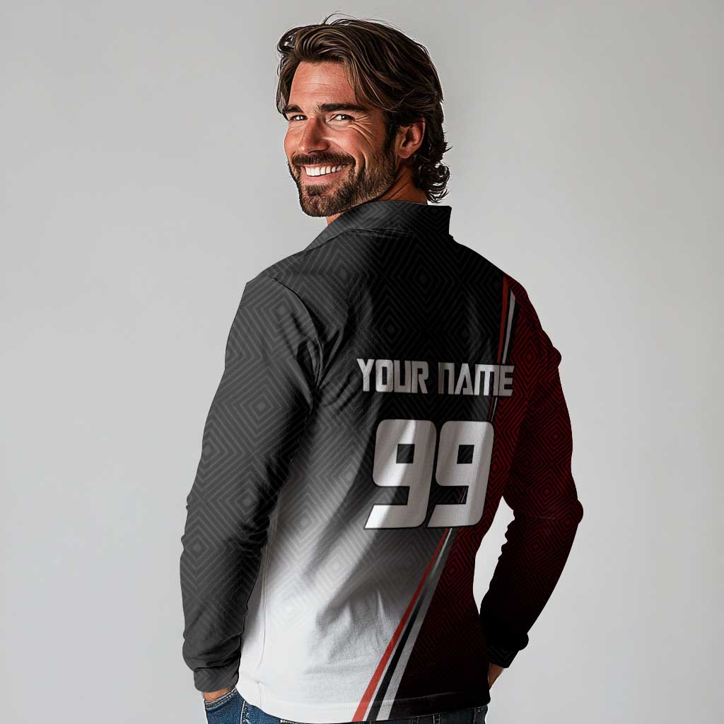 Personalized Panda Jujutsu Kaisen Soccer Theme Long Sleeve Polo Shirt with Goalkeeper Pose and Red Black Geometric Graphic Design - The Mazicc