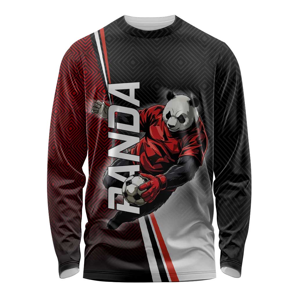 Personalized Panda Jujutsu Kaisen Soccer Theme Long Sleeve Shirt with Goalkeeper Pose and Red Black Geometric Graphic Design - The Mazicc
