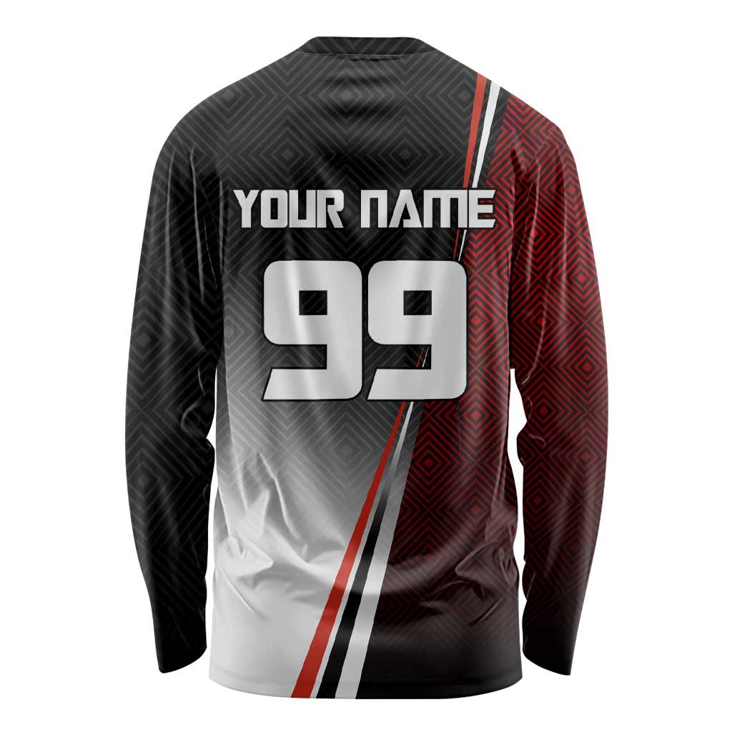 Personalized Panda Jujutsu Kaisen Soccer Theme Long Sleeve Shirt with Goalkeeper Pose and Red Black Geometric Graphic Design - The Mazicc