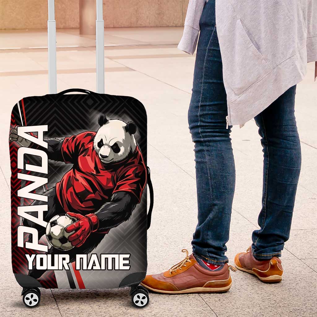 Personalized Panda Jujutsu Kaisen Soccer Theme Luggage Cover with Goalkeeper Pose and Red Black Geometric Graphic Design - The Mazicc