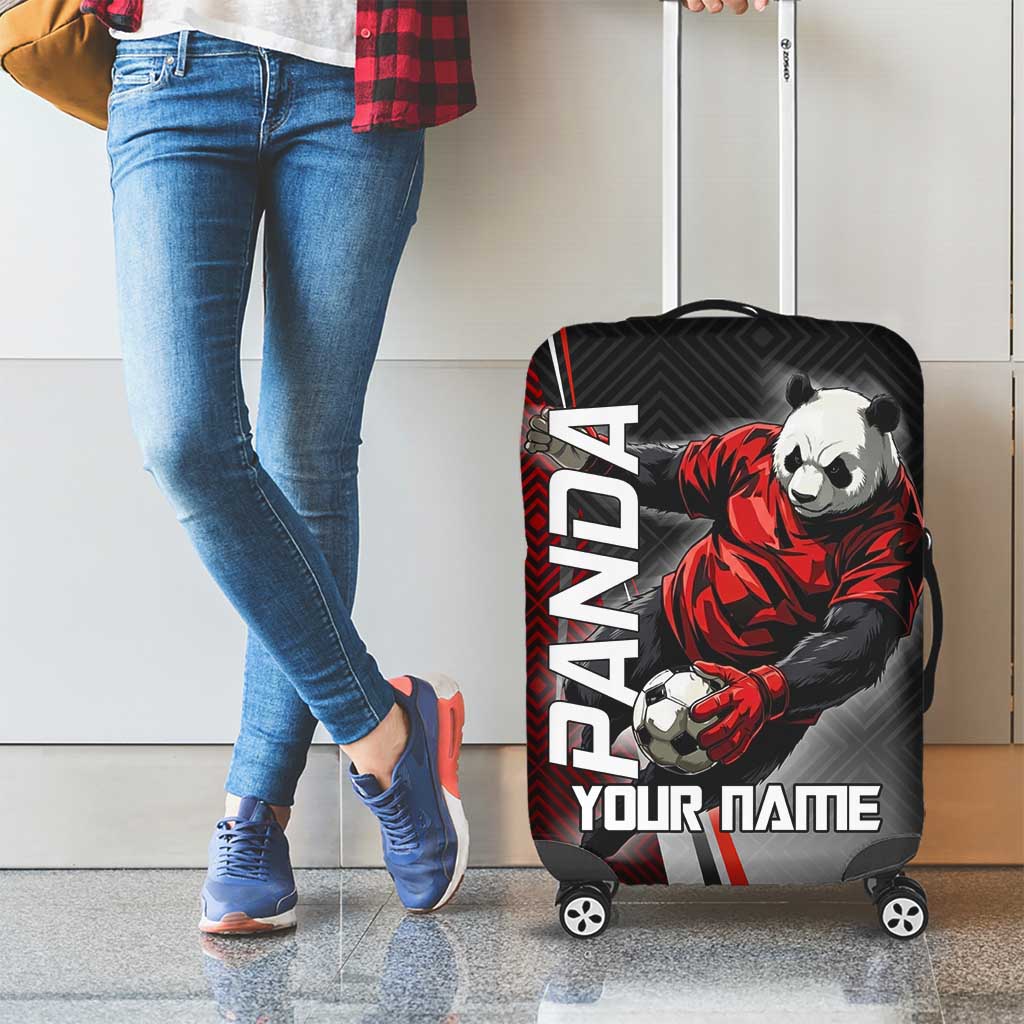 Personalized Panda Jujutsu Kaisen Soccer Theme Luggage Cover with Goalkeeper Pose and Red Black Geometric Graphic Design - The Mazicc