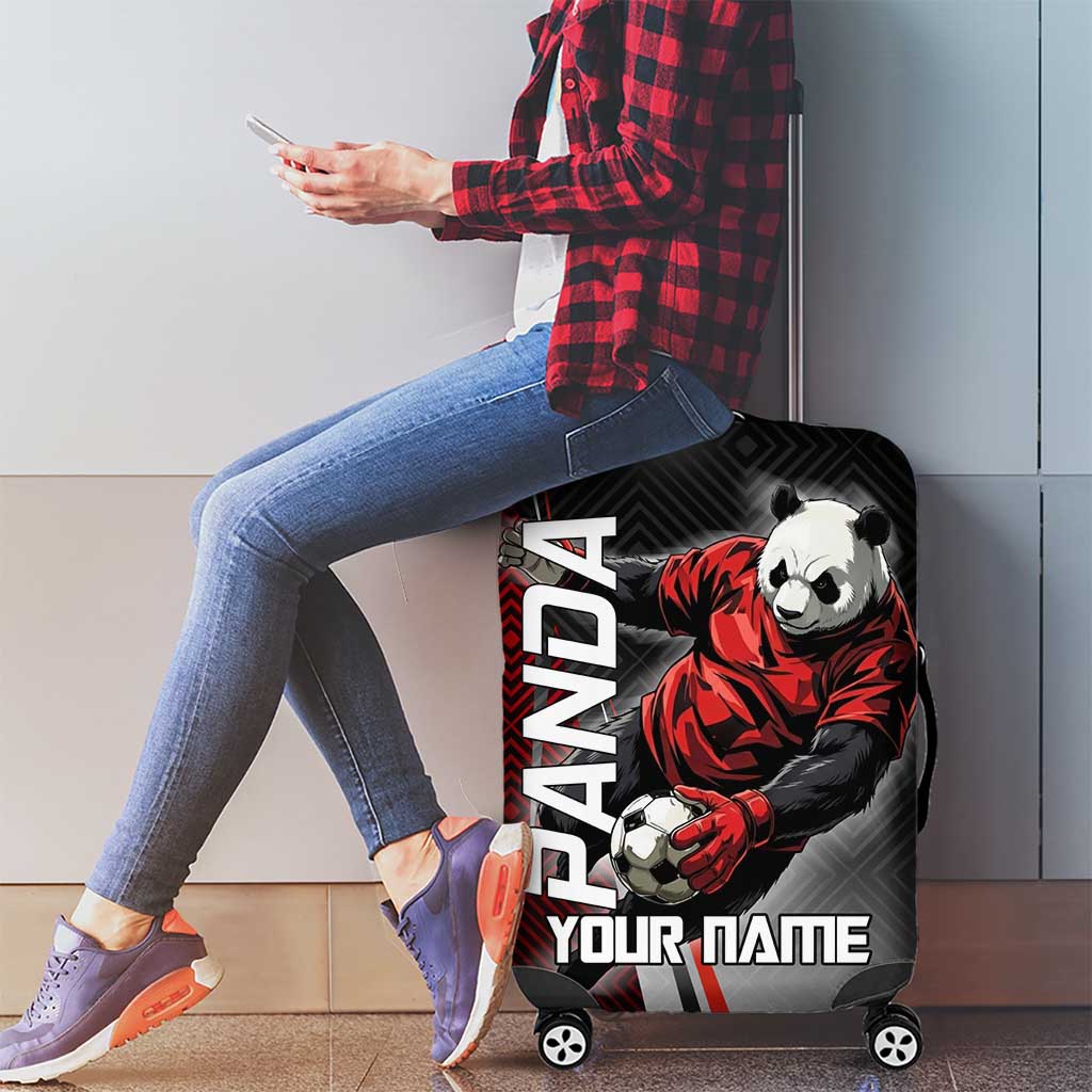 Personalized Panda Jujutsu Kaisen Soccer Theme Luggage Cover with Goalkeeper Pose and Red Black Geometric Graphic Design - The Mazicc