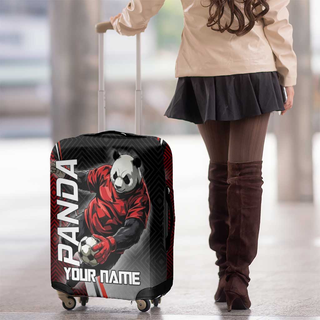 Personalized Panda Jujutsu Kaisen Soccer Theme Luggage Cover with Goalkeeper Pose and Red Black Geometric Graphic Design - The Mazicc