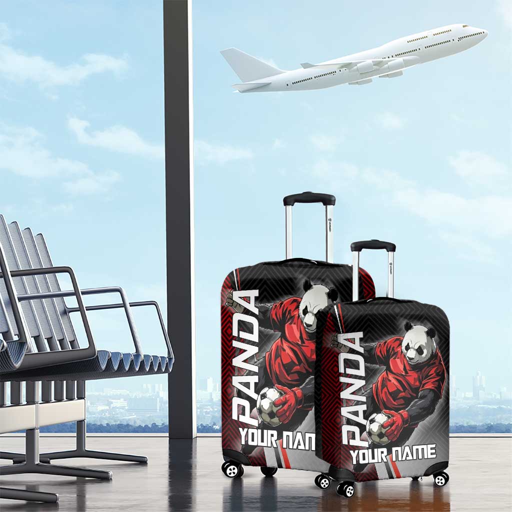 Personalized Panda Jujutsu Kaisen Soccer Theme Luggage Cover with Goalkeeper Pose and Red Black Geometric Graphic Design - The Mazicc