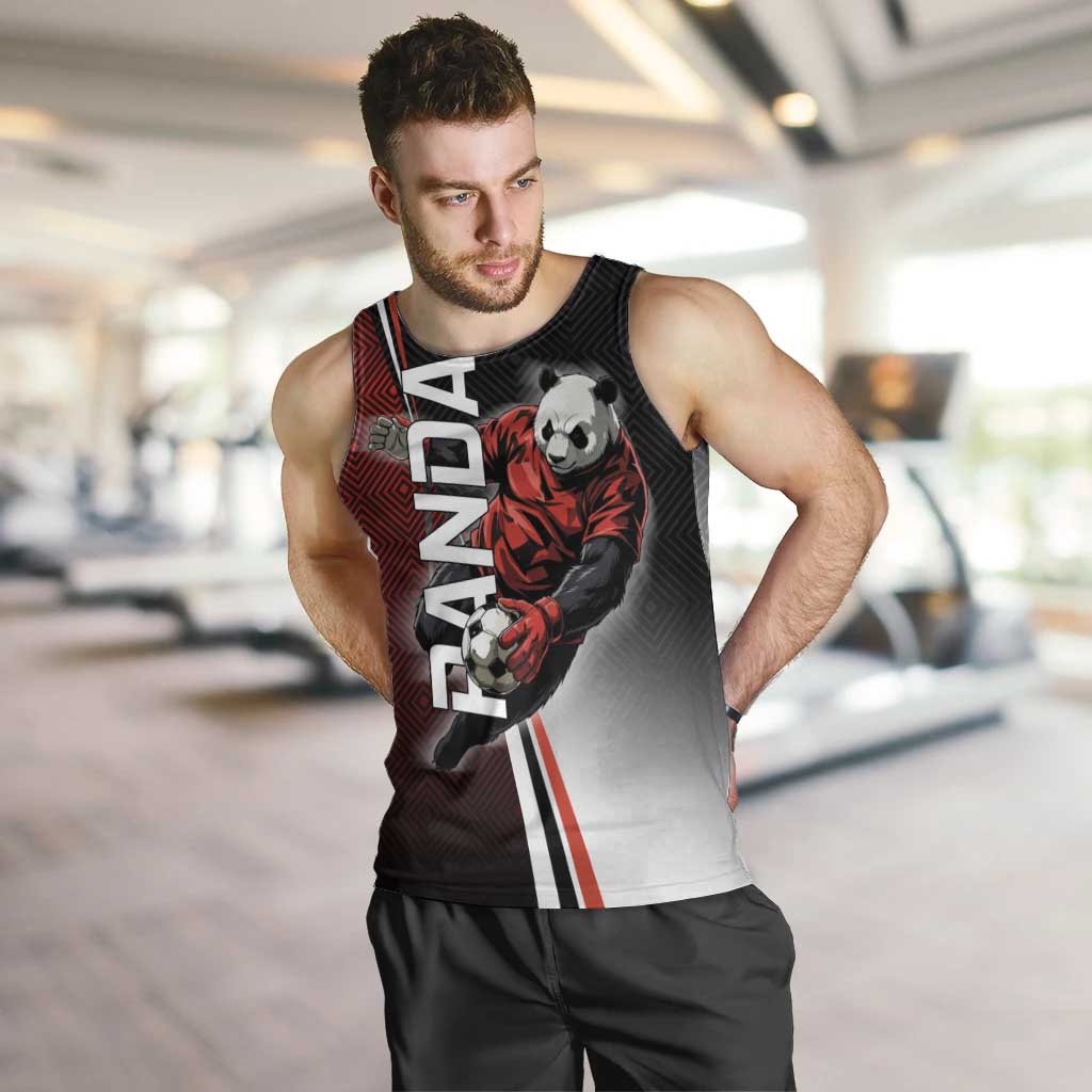 Personalized Panda Jujutsu Kaisen Soccer Theme Men Tank Top with Goalkeeper Pose and Red Black Geometric Graphic Design - The Mazicc