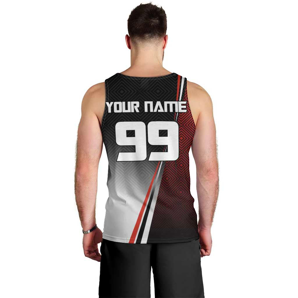Personalized Panda Jujutsu Kaisen Soccer Theme Men Tank Top with Goalkeeper Pose and Red Black Geometric Graphic Design - The Mazicc