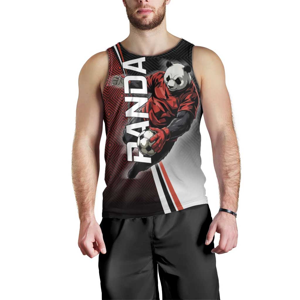 Personalized Panda Jujutsu Kaisen Soccer Theme Men Tank Top with Goalkeeper Pose and Red Black Geometric Graphic Design - The Mazicc